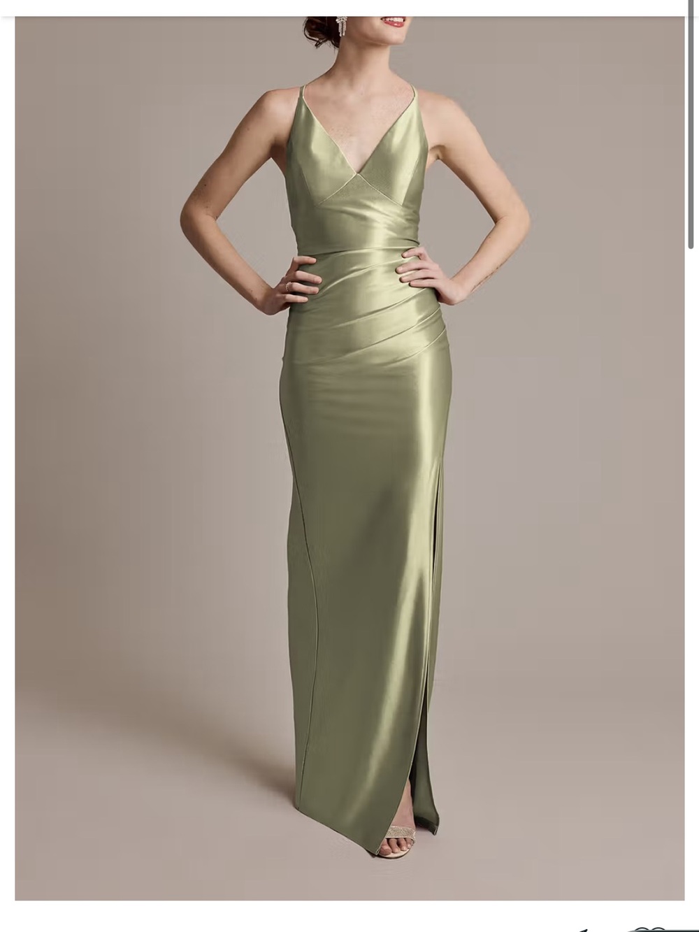 Olive/Eucalyptus Green Sculpting Satin V-Neck Cross-Back Dress